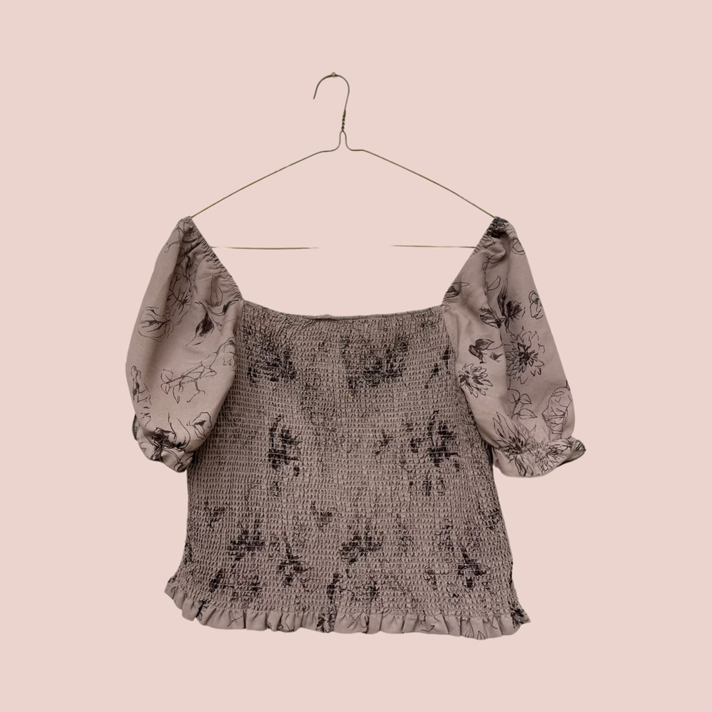 Pink Floral Puffed Sleeve Baby Doll Top C by One Cropped Top